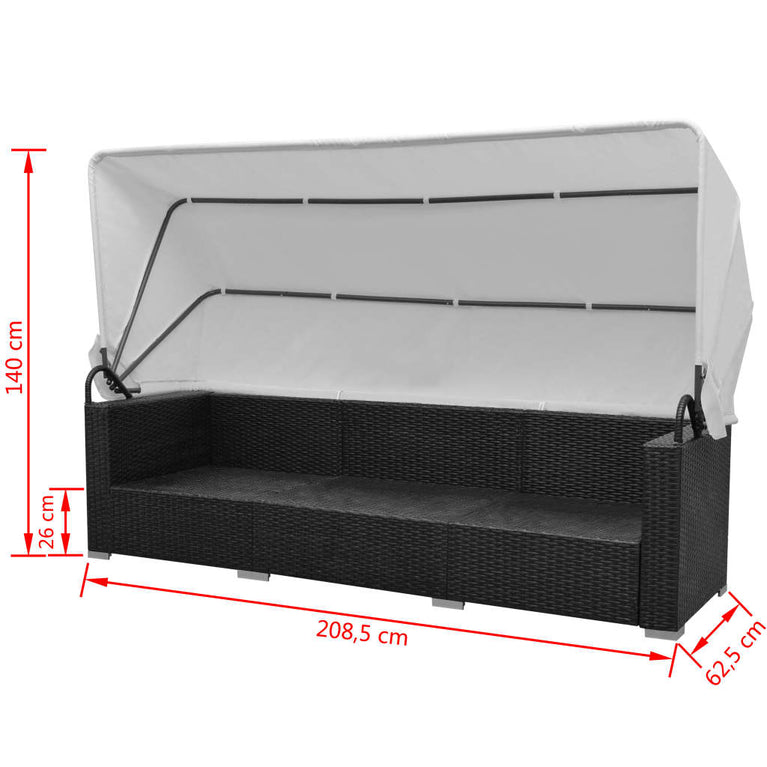 7-delige Loungeset met luifel poly rattan zwart