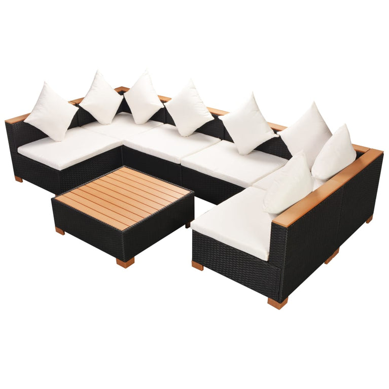 7-delige Loungeset met kussens poly rattan zwart
