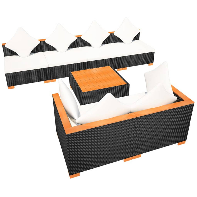 7-delige Loungeset met kussens poly rattan zwart