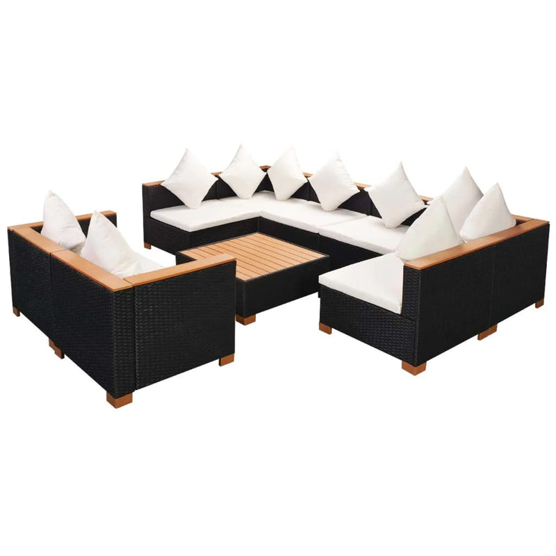 9-delige Loungeset met kussens poly rattan zwart