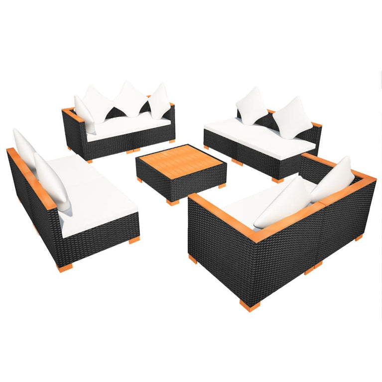 9-delige Loungeset met kussens poly rattan zwart