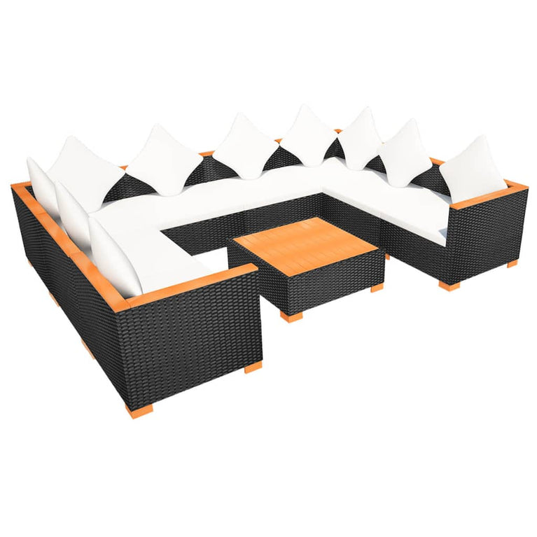 9-delige Loungeset met kussens poly rattan zwart
