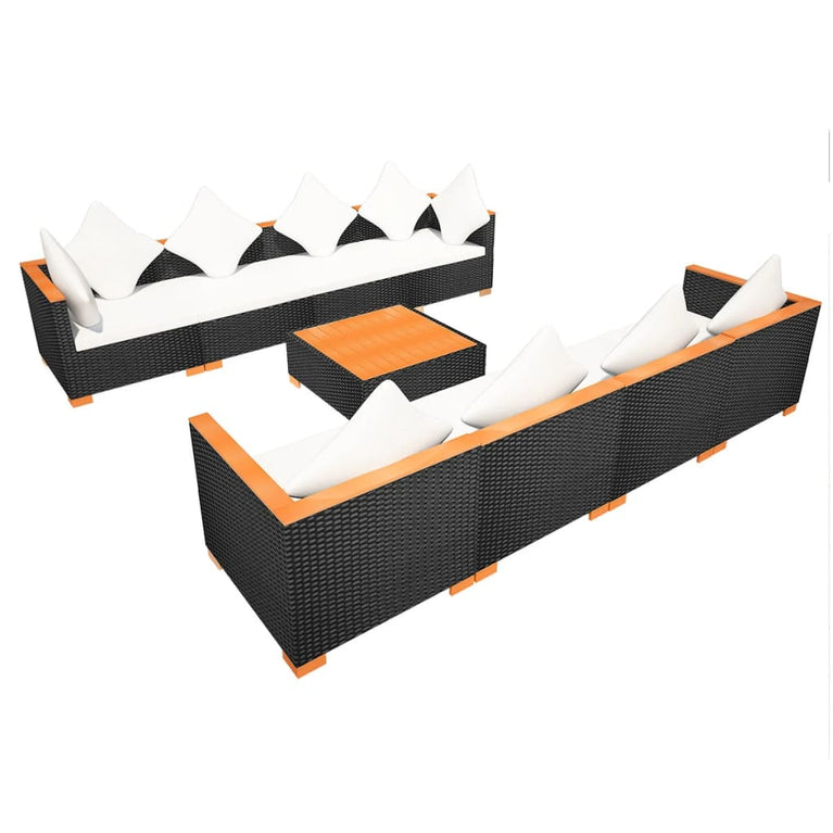 9-delige Loungeset met kussens poly rattan zwart