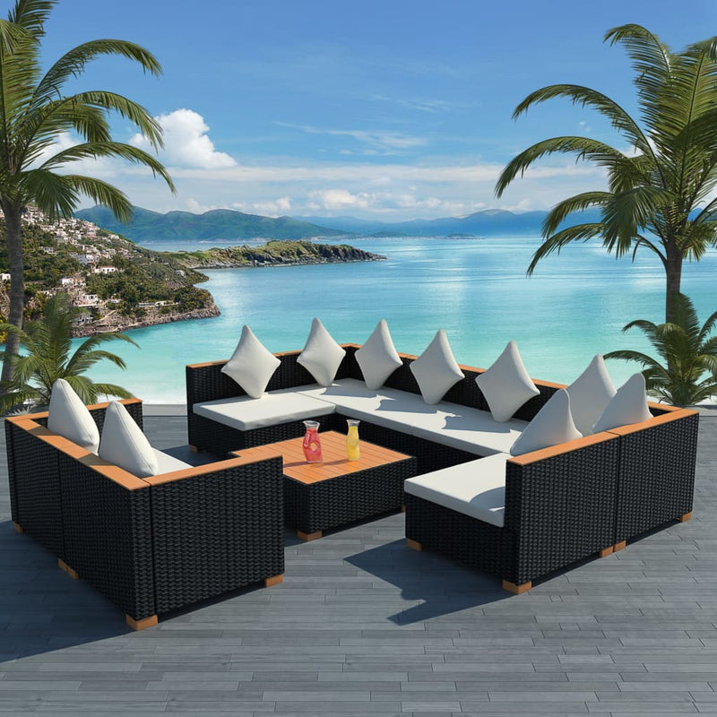 9-delige Loungeset met kussens poly rattan zwart