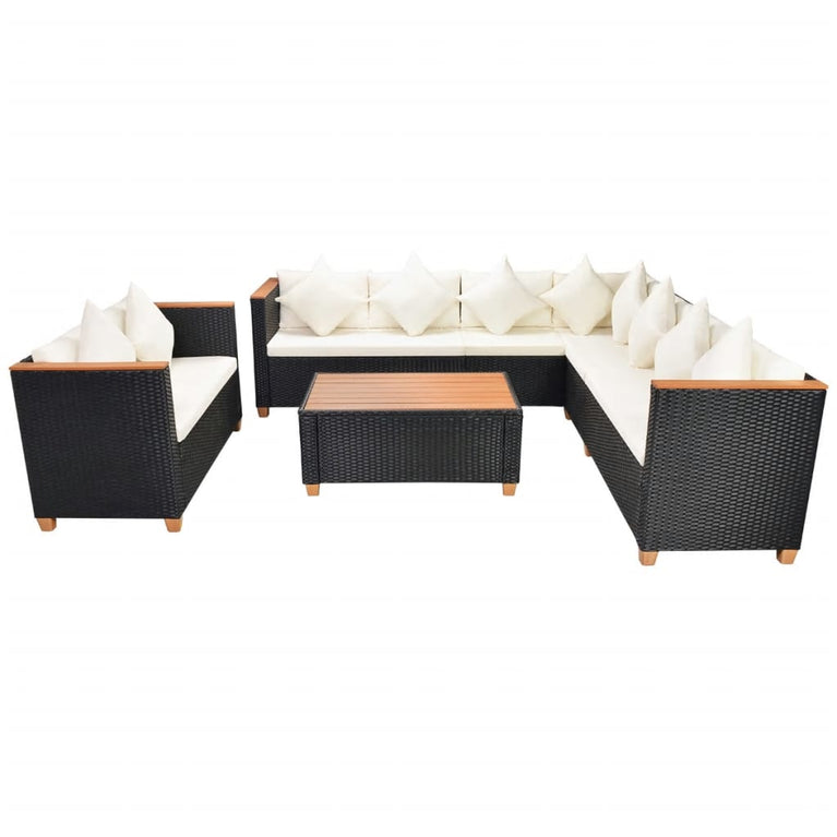 6-delige Loungeset met kussens poly rattan zwart