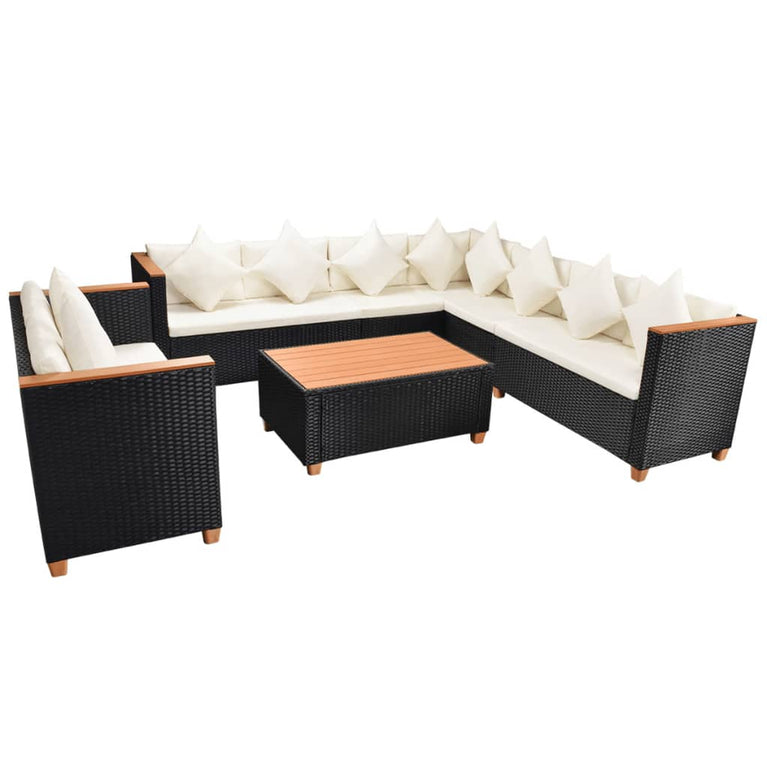 6-delige Loungeset met kussens poly rattan zwart