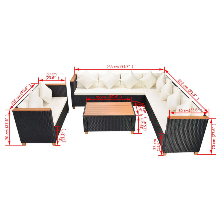 6-delige Loungeset met kussens poly rattan zwart