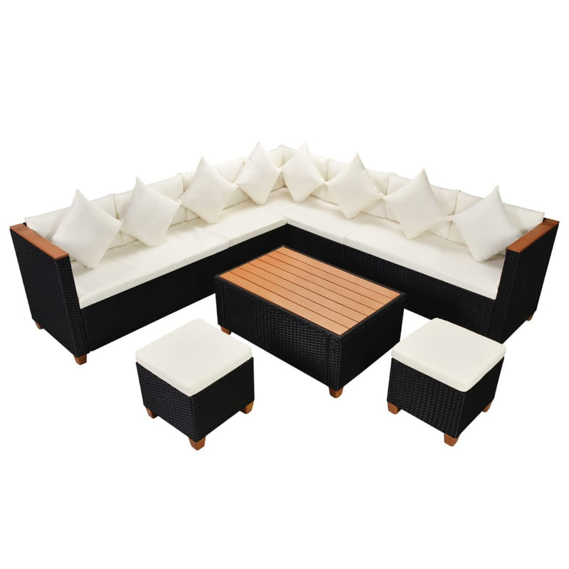 7-delige Loungeset met kussens poly rattan zwart