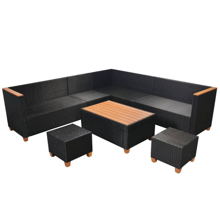 7-delige Loungeset met kussens poly rattan zwart