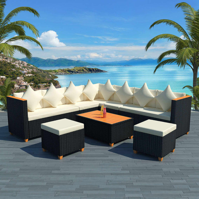 7-delige Loungeset met kussens poly rattan zwart