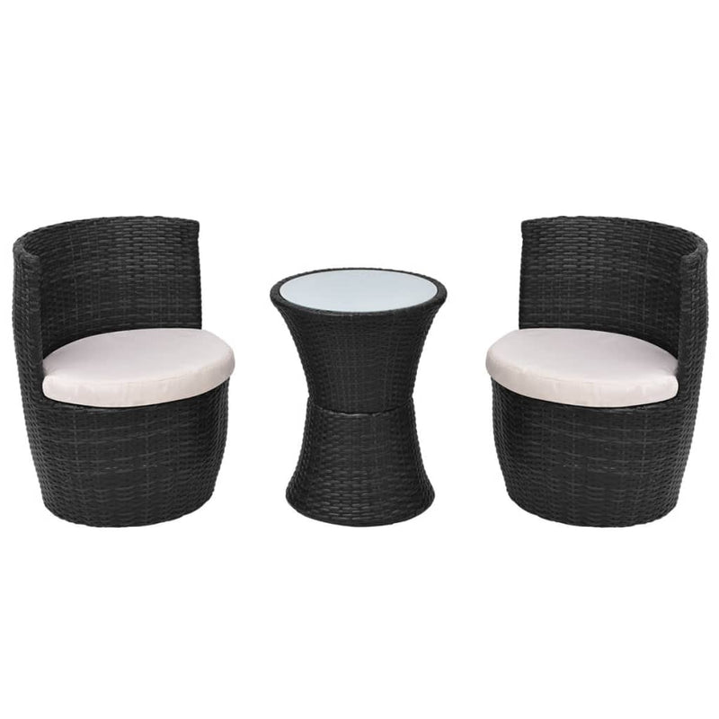 3-delige Bistroset met kussens poly rattan zwart