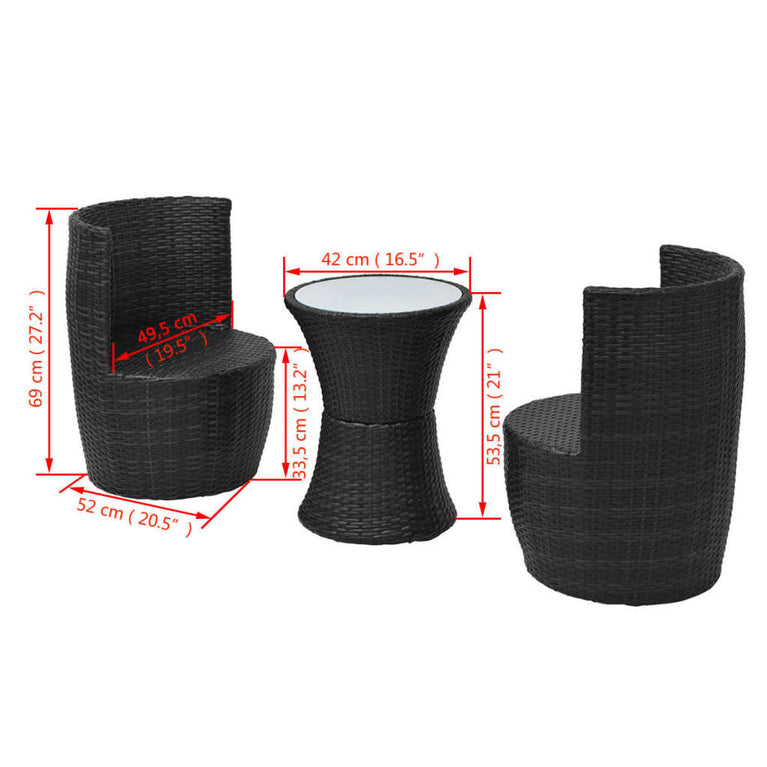 3-delige Bistroset met kussens poly rattan zwart