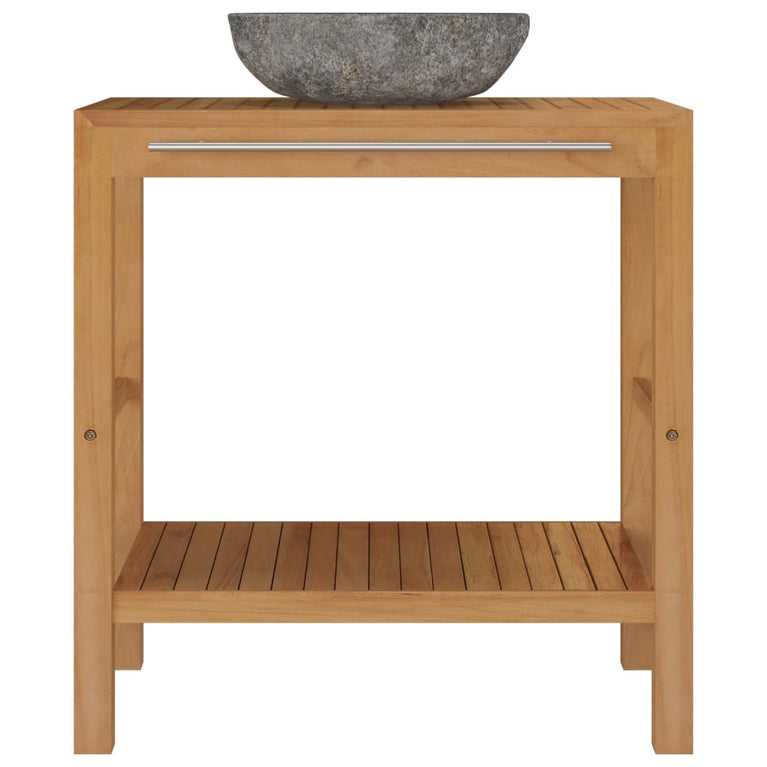 Badkamer wastafelkast met rivierstenen wastafel teakhout