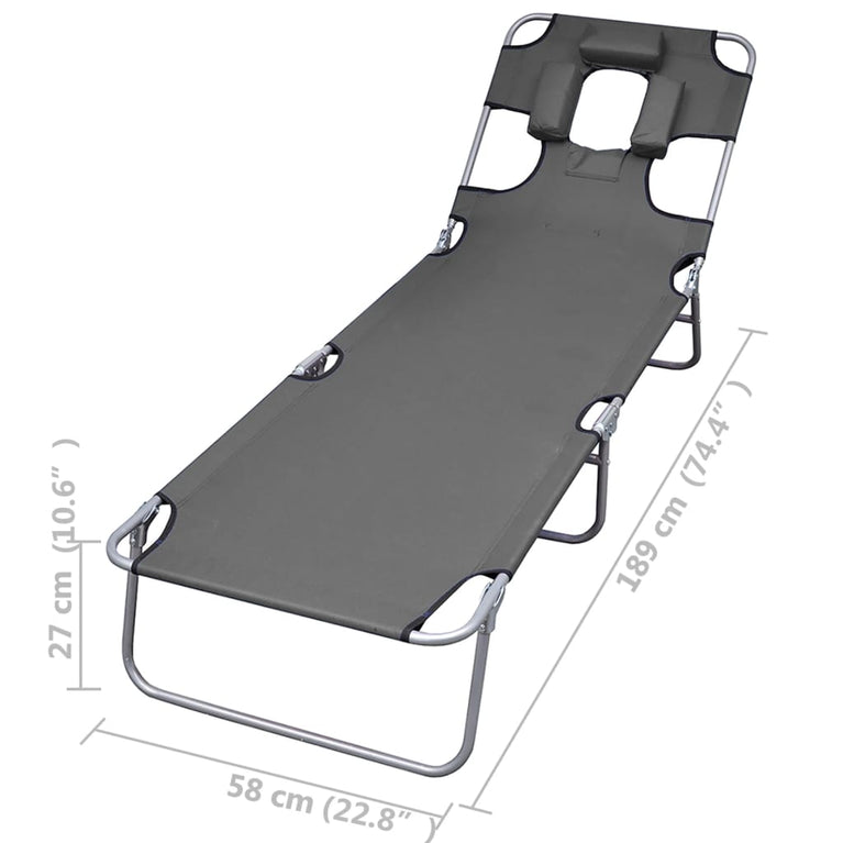 Ligbed met hoofdkussen verstelbaar en inklapbaar grijs