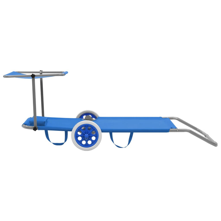 Ligbed met luifel en wieltjes inklapbaar staal blauw