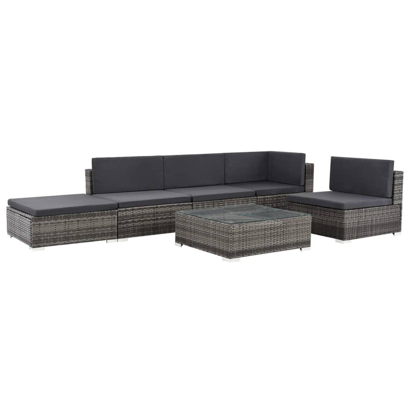 6-delige Loungeset met kussens poly rattan grijs