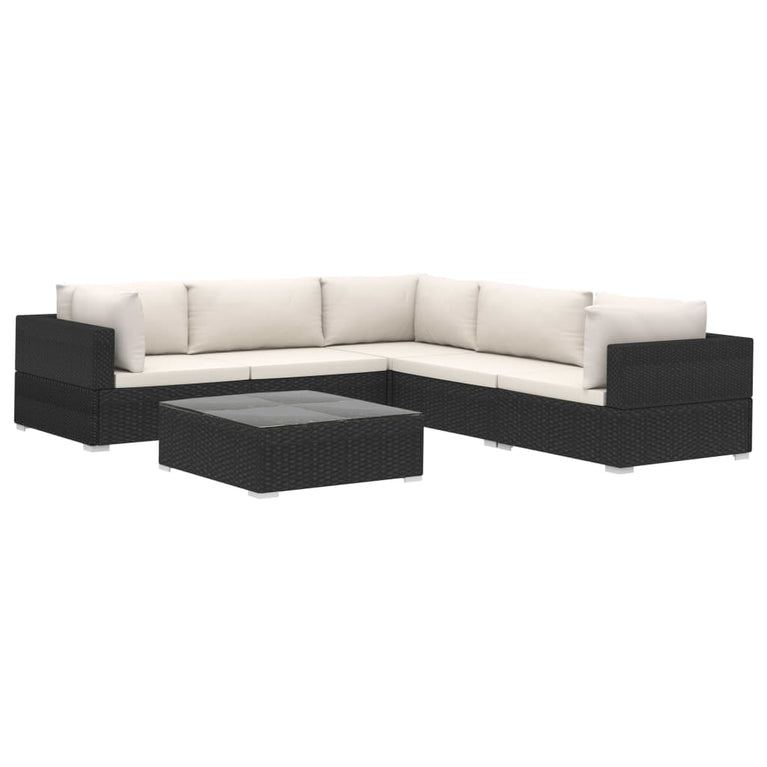6-delige Loungeset met kussens poly rattan zwart