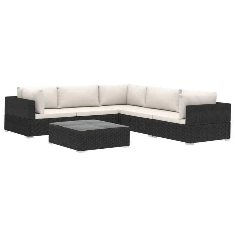 6-delige Loungeset met kussens poly rattan zwart
