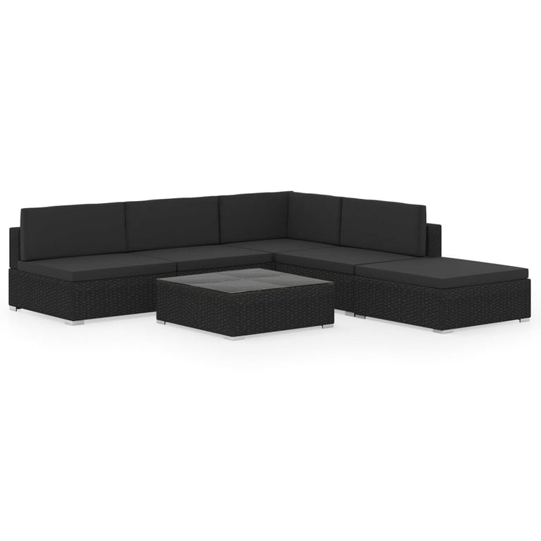 6-delige Loungeset met kussens poly rattan zwart