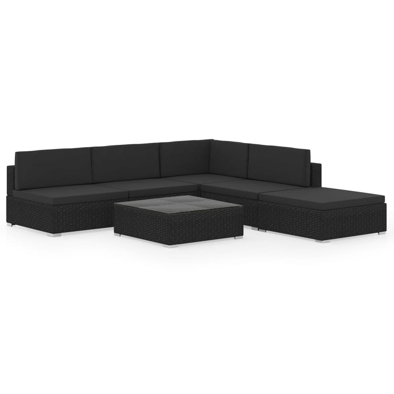 6-delige Loungeset met kussens poly rattan zwart