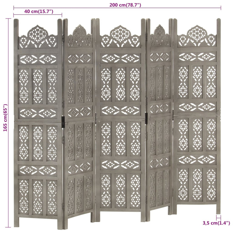 Kamerscherm 5 panelen handgesneden 200x165 cm mangohout grijs
