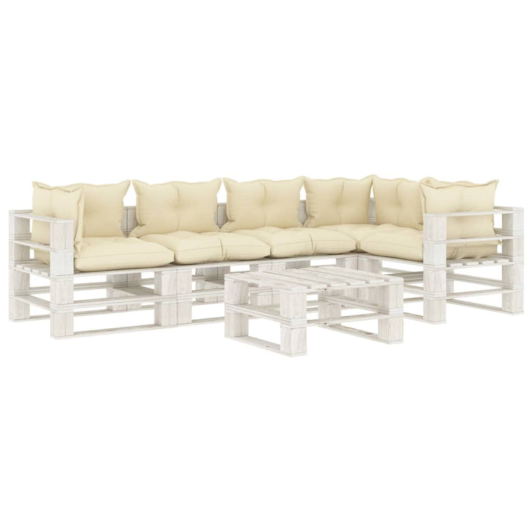 6-delige Loungeset met crèmekleurige kussens pallet hout