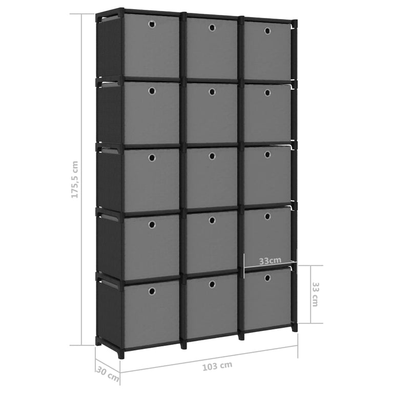 Kast met 15 vakken met boxen 103x30x175,5 cm stof zwart