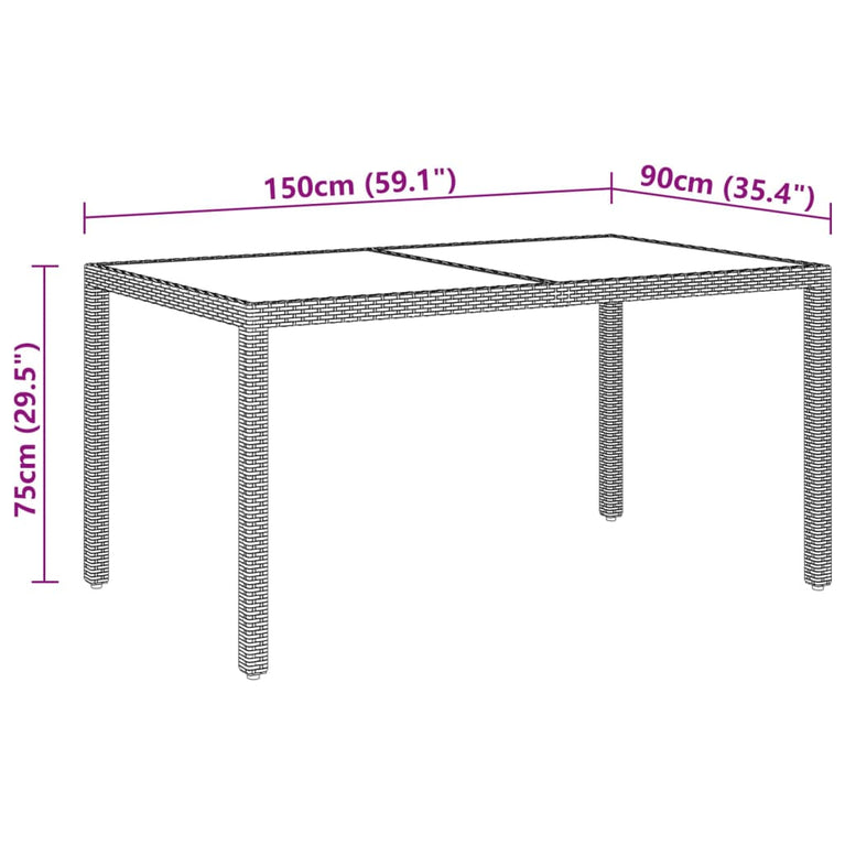 Tuintafel 150x90x75 cm gehard glas en poly rattan grijs