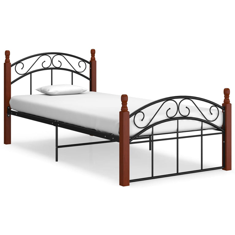 Bedframe metaal en massief eikenhout zwart 100x200 cm