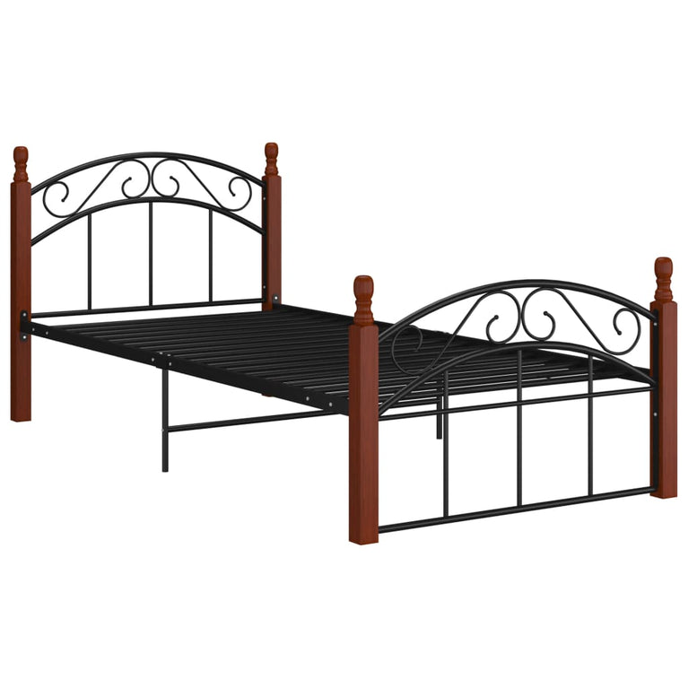 Bedframe metaal en massief eikenhout zwart 100x200 cm