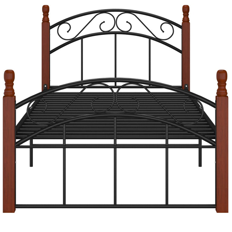 Bedframe metaal en massief eikenhout zwart 100x200 cm
