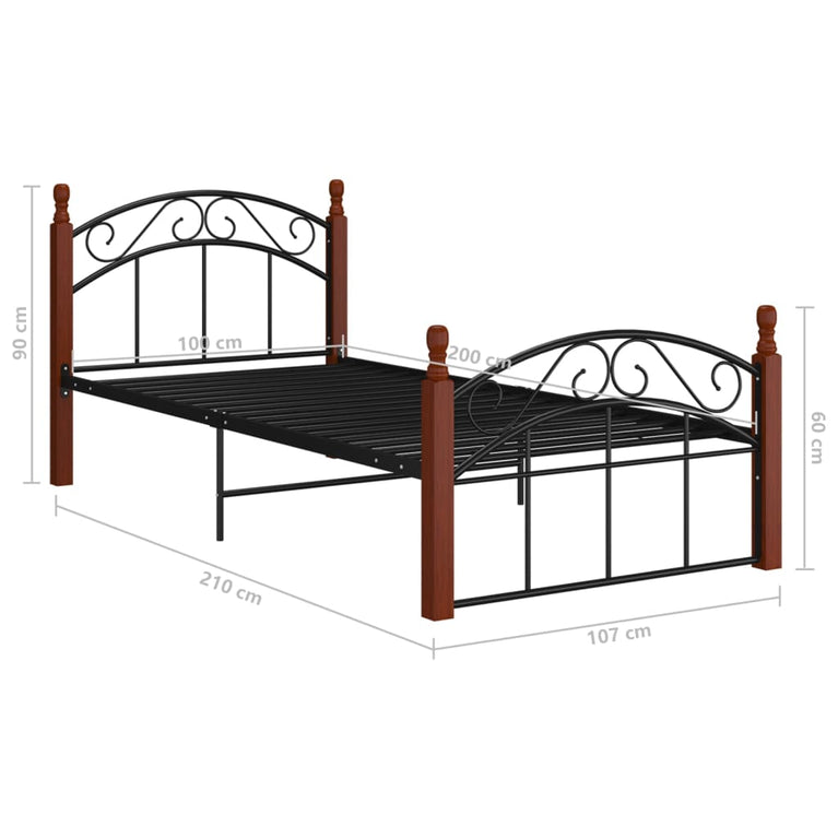 Bedframe metaal en massief eikenhout zwart 100x200 cm
