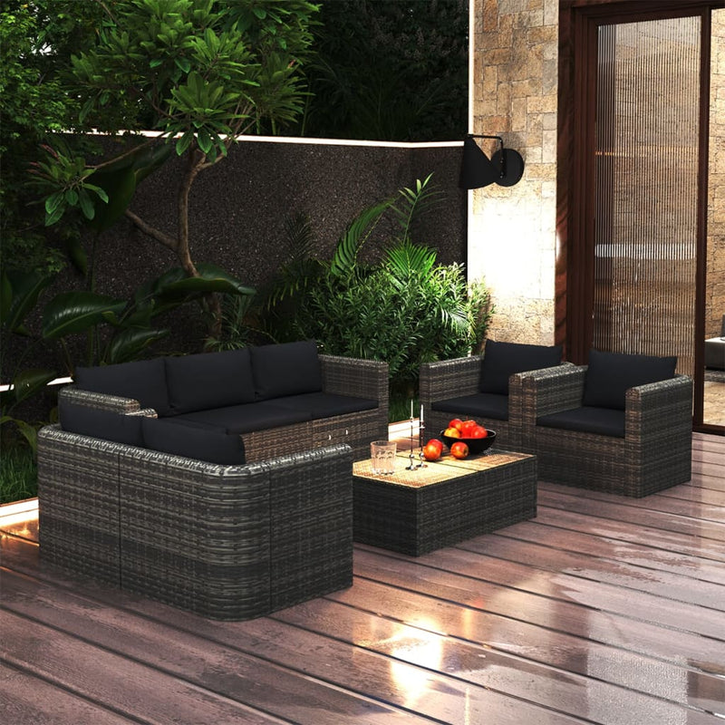 8-delige Loungeset met kussens poly rattan grijs