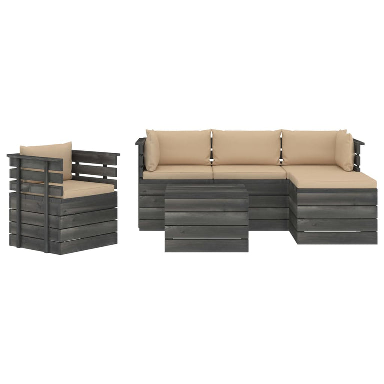 6-delige Loungeset met kussens pallet massief grenenhout