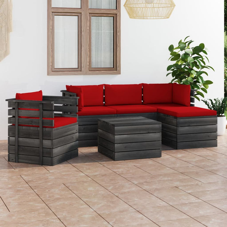 6-delige Loungeset met kussens pallet massief grenenhout