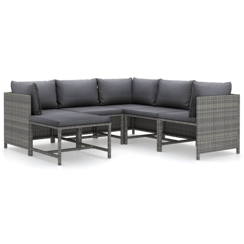 6-delige Loungeset met kussens poly rattan grijs