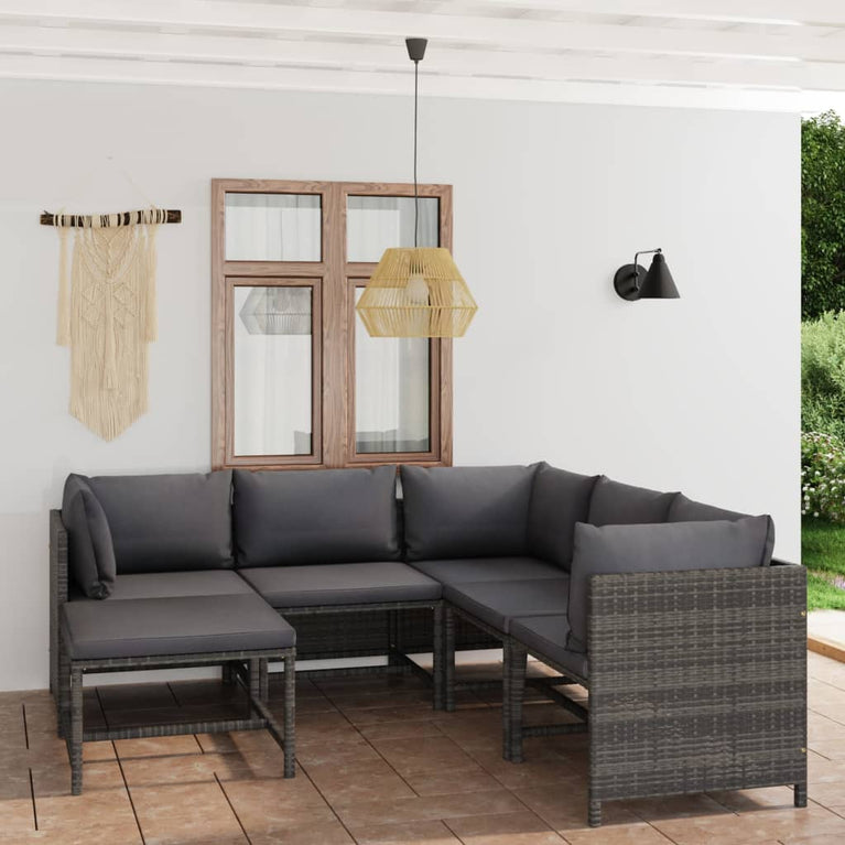 6-delige Loungeset met kussens poly rattan grijs