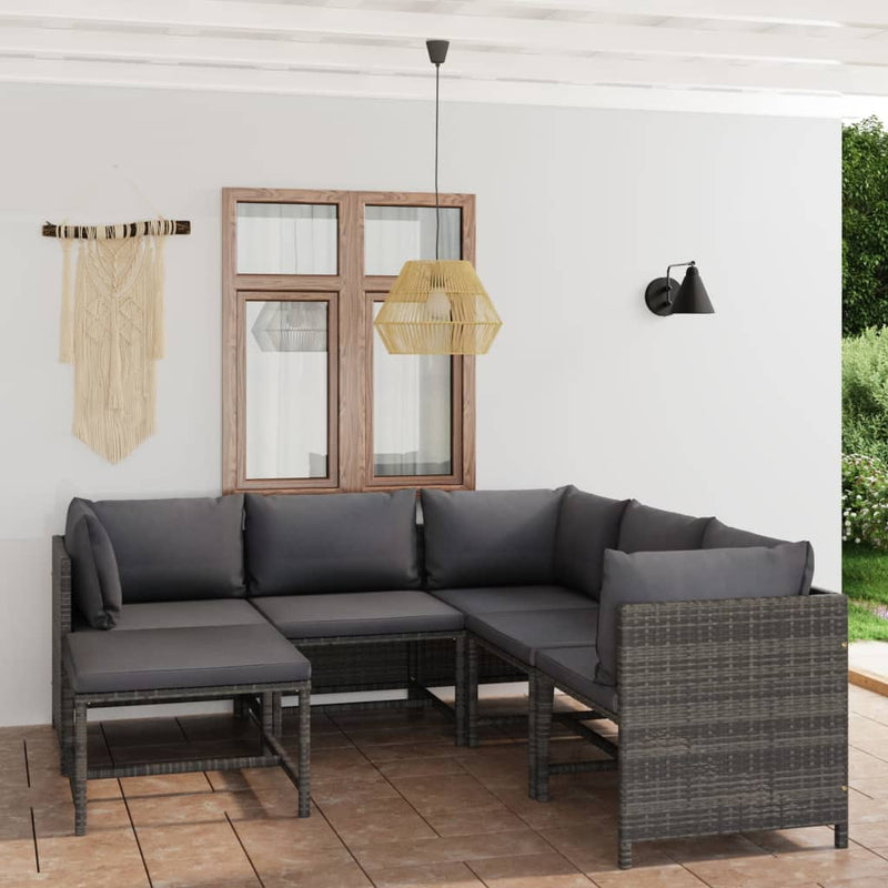 6-delige Loungeset met kussens poly rattan grijs
