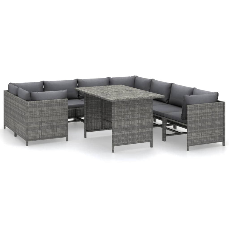 9-delige Loungeset met kussens poly rattan grijs