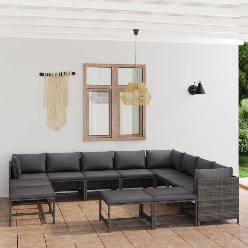 12-delige Loungeset met kussens poly rattan grijs
