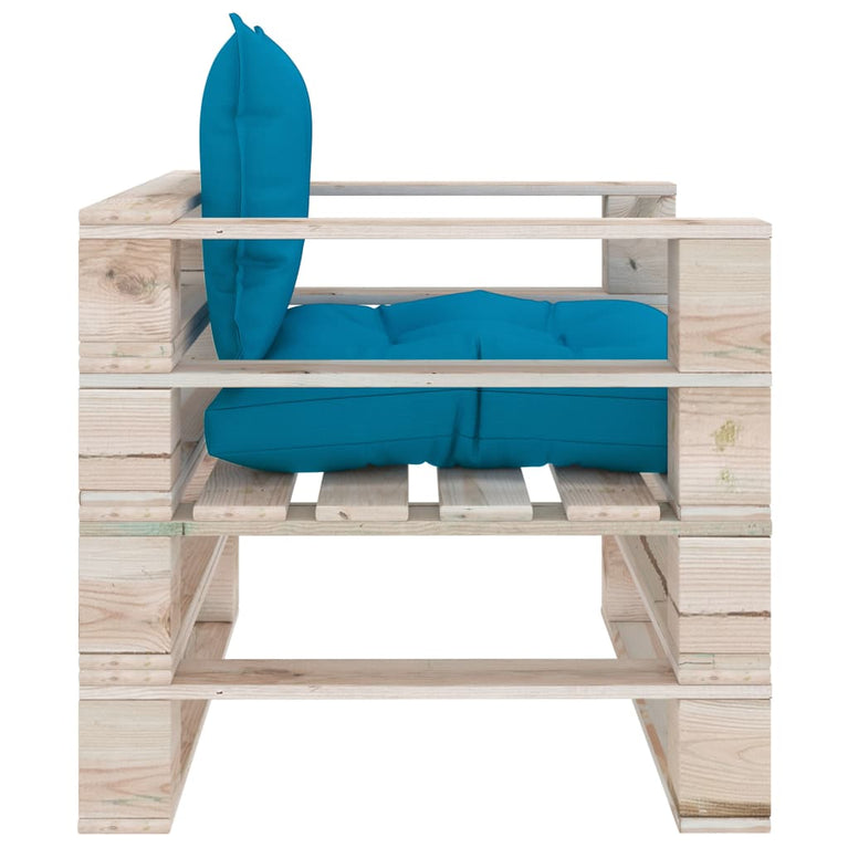 Tuinbank met blauwe kussens pallet grenenhout