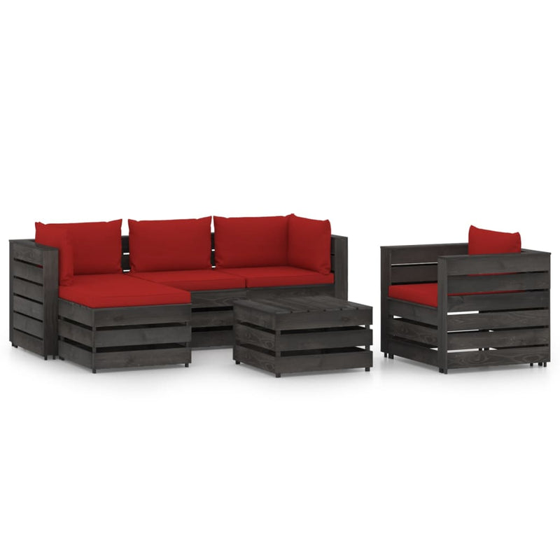 6-delige Loungeset met kussens grijs geïmpregneerd hout