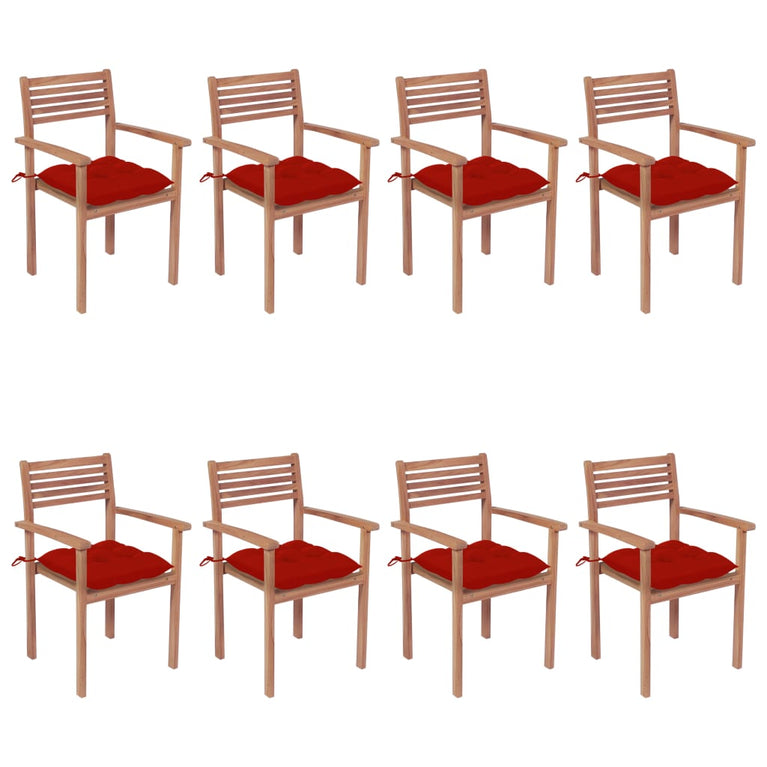 Tuinstoelen stapelbaar 8 st met kussens massief teakhout