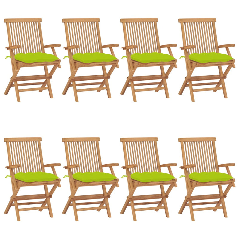 Tuinstoelen 8 st met heldergroene kussens massief teakhout