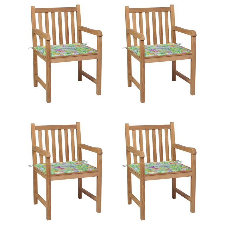 Tuinstoelen 4 st met bladpatroon kussens massief teakhout