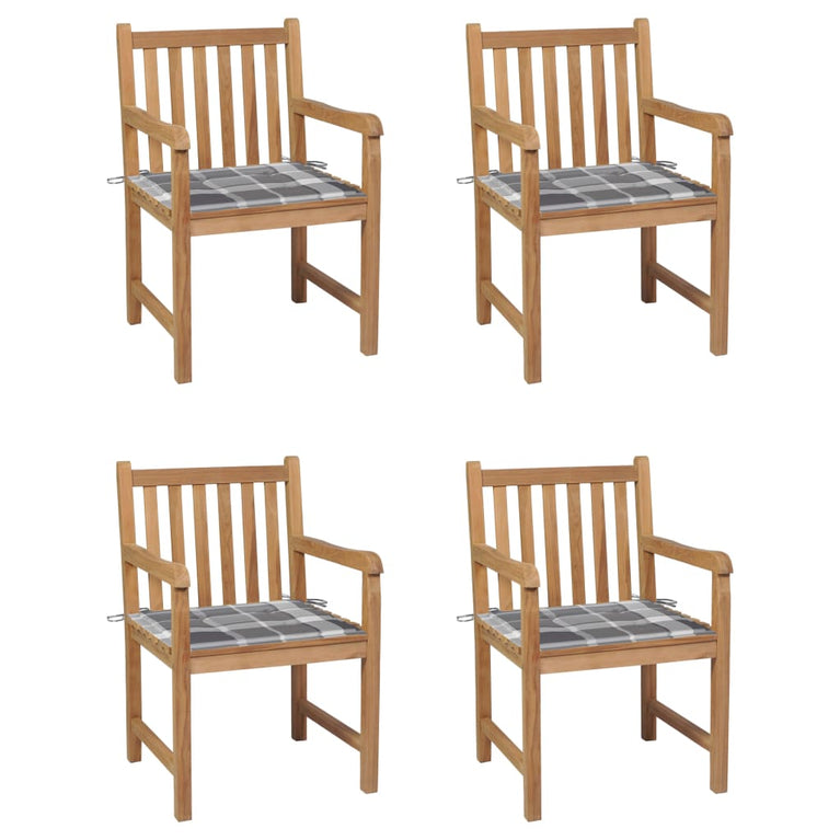 Tuinstoelen 4 st met grijs geruite kussens massief teakhout