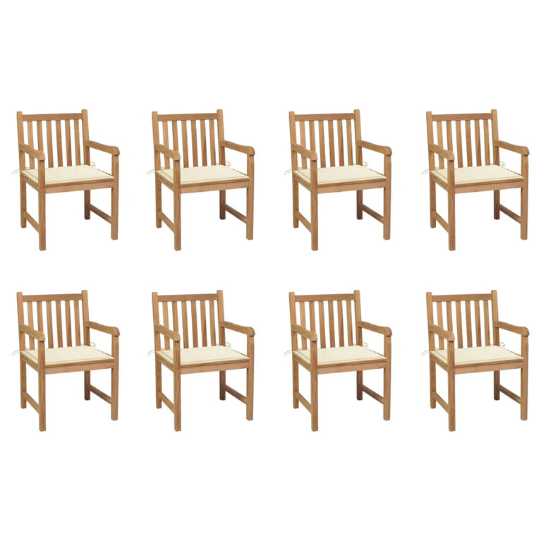 Tuinstoelen 8 st met crèmekleurige kussens massief teakhout
