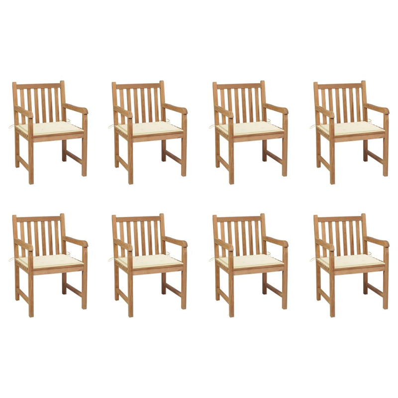 Tuinstoelen 8 st met crèmekleurige kussens massief teakhout
