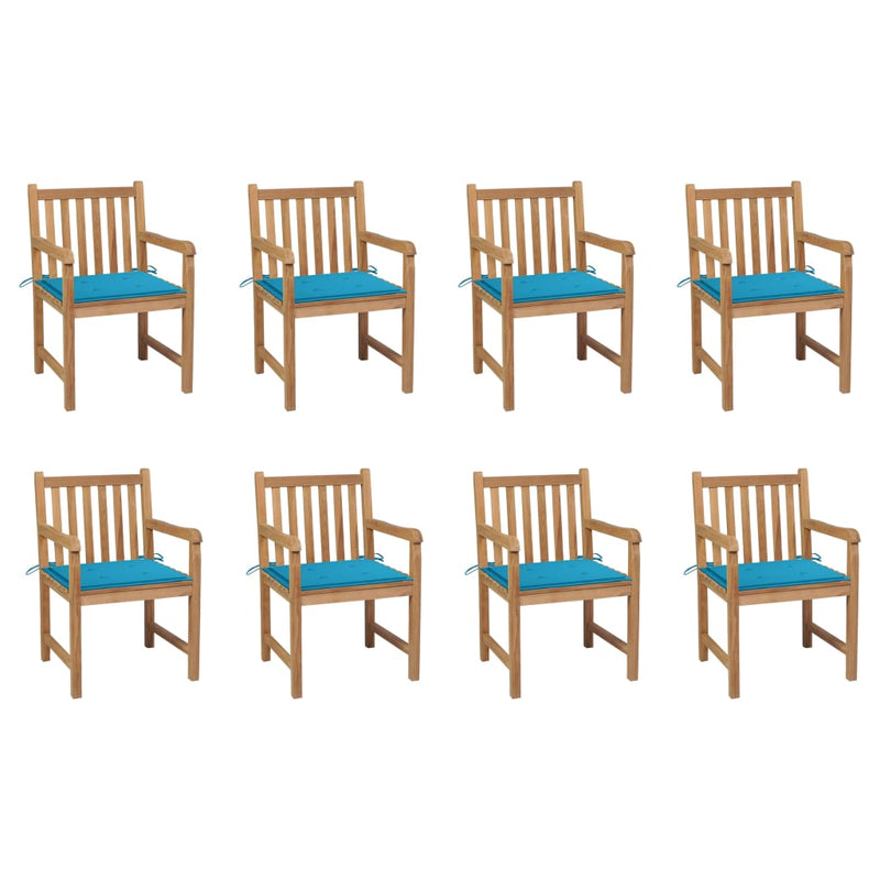 Tuinstoelen 8 st met blauwe kussens massief teakhout