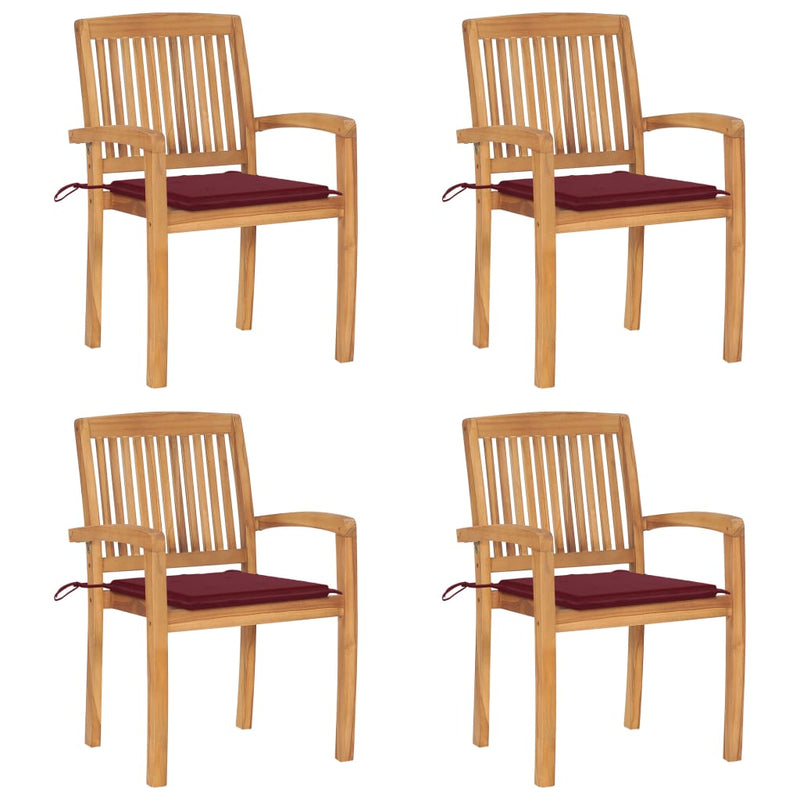 Tuinstoelen stapelbaar 4 st met kussens massief teakhout